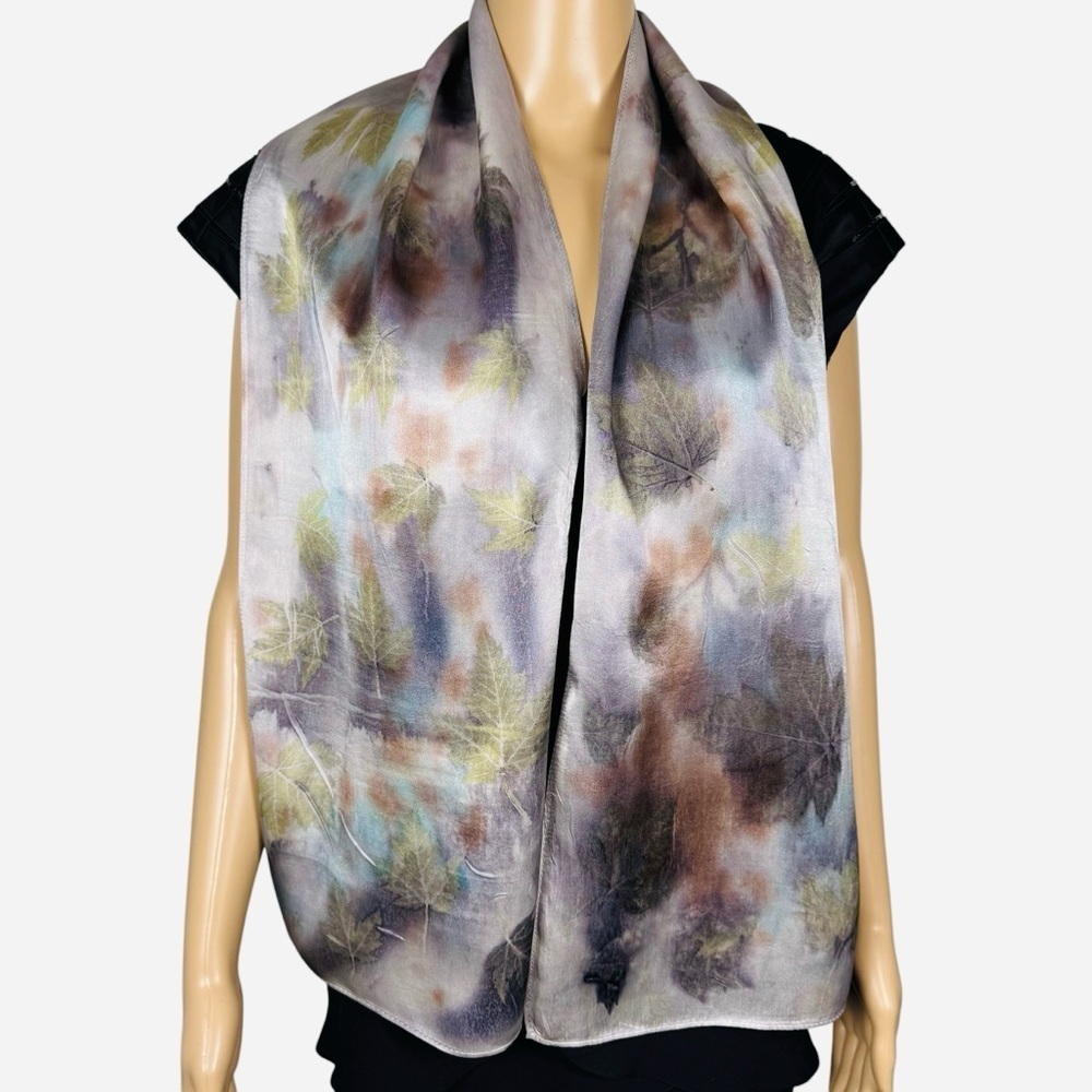 New 100% Silk Hand Dyed Leaves Ecoprint Rectangle Scarf 10.5'' x 58''
